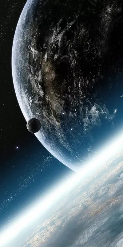 The Moon drifts past a half-shadowed Earth while sunlight flares off a second planet below, keeping the top of the frame dark for a clock.