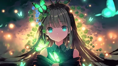 A brown-haired girl cradles a glowing green butterfly at her chest, matching emerald eyes catching the light while warm bokeh orbs float behind her.