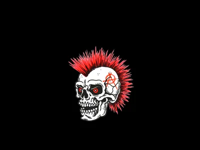 A white skull in profile wears a spiked red mohawk, a small flame tattoo on its temple, set against black with wide empty space on the left.