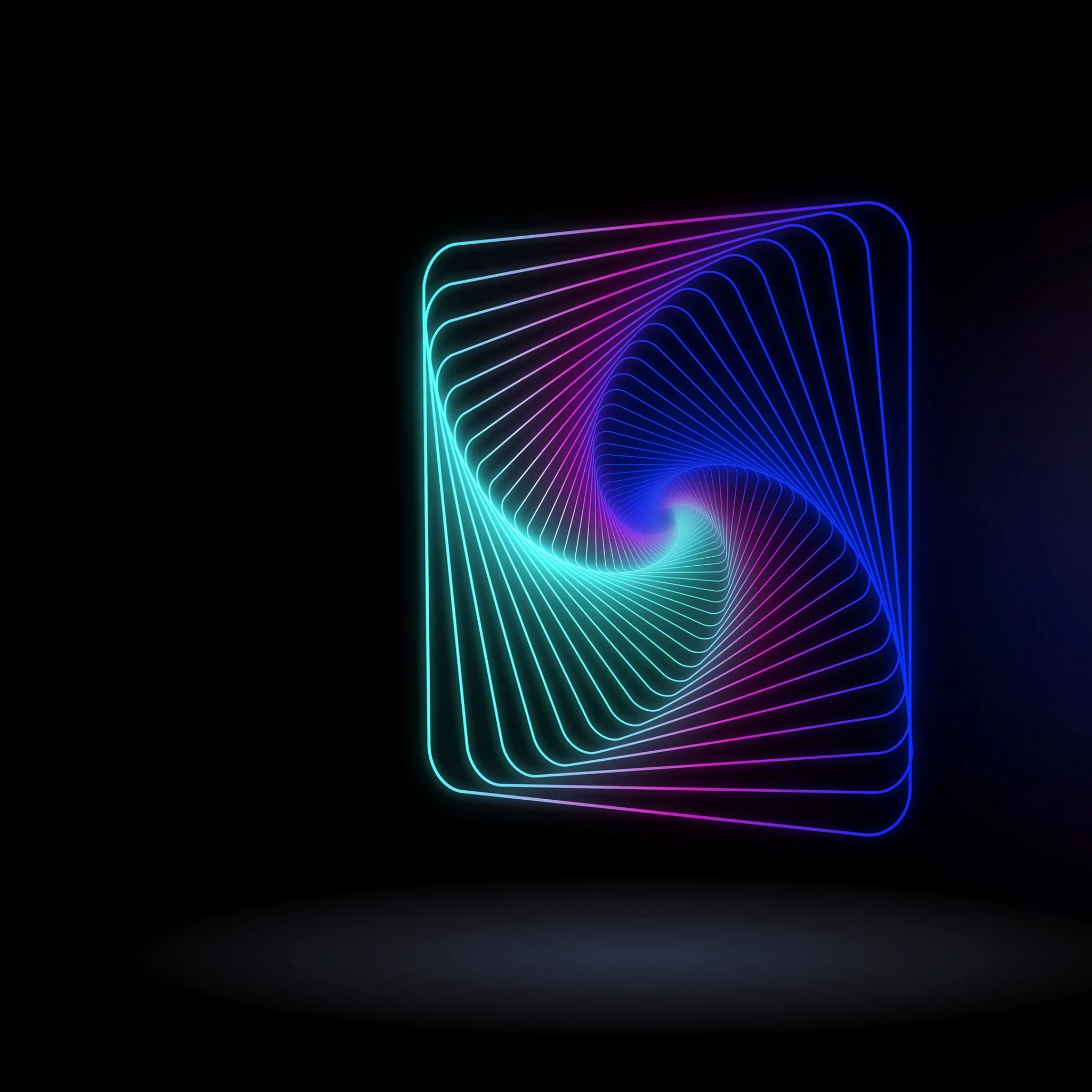 A square outline twists inward turn by turn, shifting from teal to magenta, floating on black with a small pool of light beneath it.