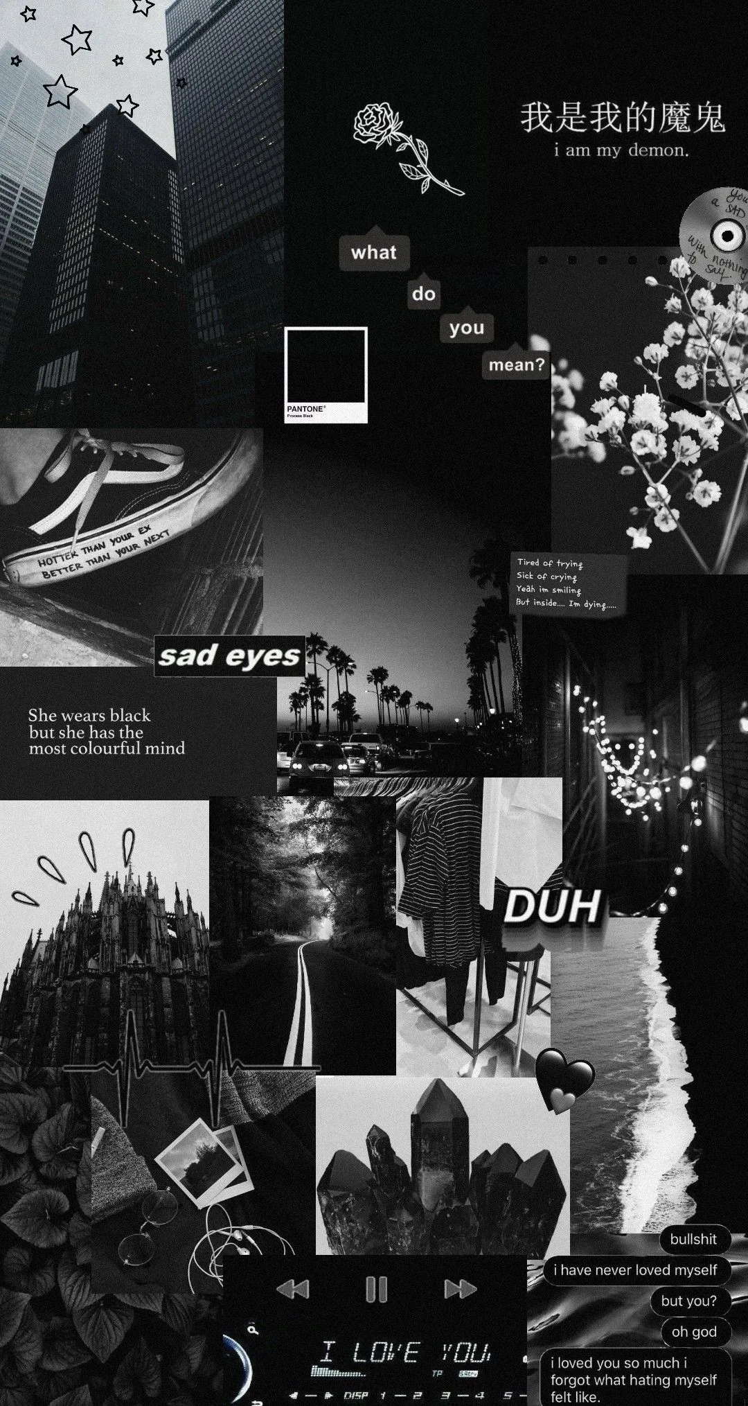 Monochrome photos of towers, a record player and flowers sit between small captions and a line of Chinese characters along the top edge.
