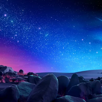 A CGI desert of smooth boulders under a blue night sky full of stars, pink light grazing the rocks along the left edge.