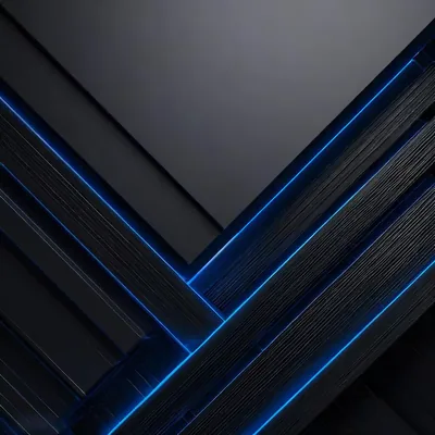 Overlapping black panels with a brushed grain meet at sharp diagonals, thin blue neon lines running along every seam.