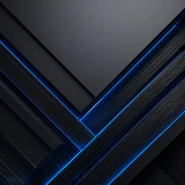 Overlapping black panels with a brushed grain meet at sharp diagonals, thin blue neon lines running along every seam.