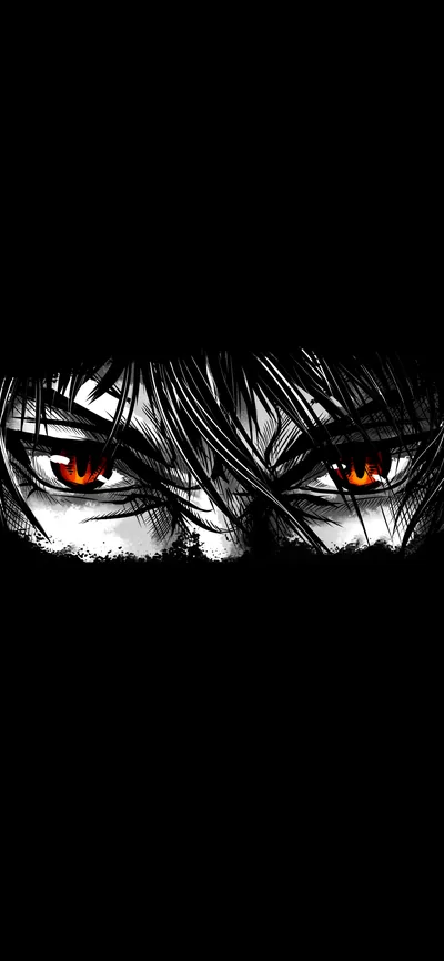 A tall phone crop of nothing but two orange-red eyes and the ink strokes of hair around them, everything else true black.