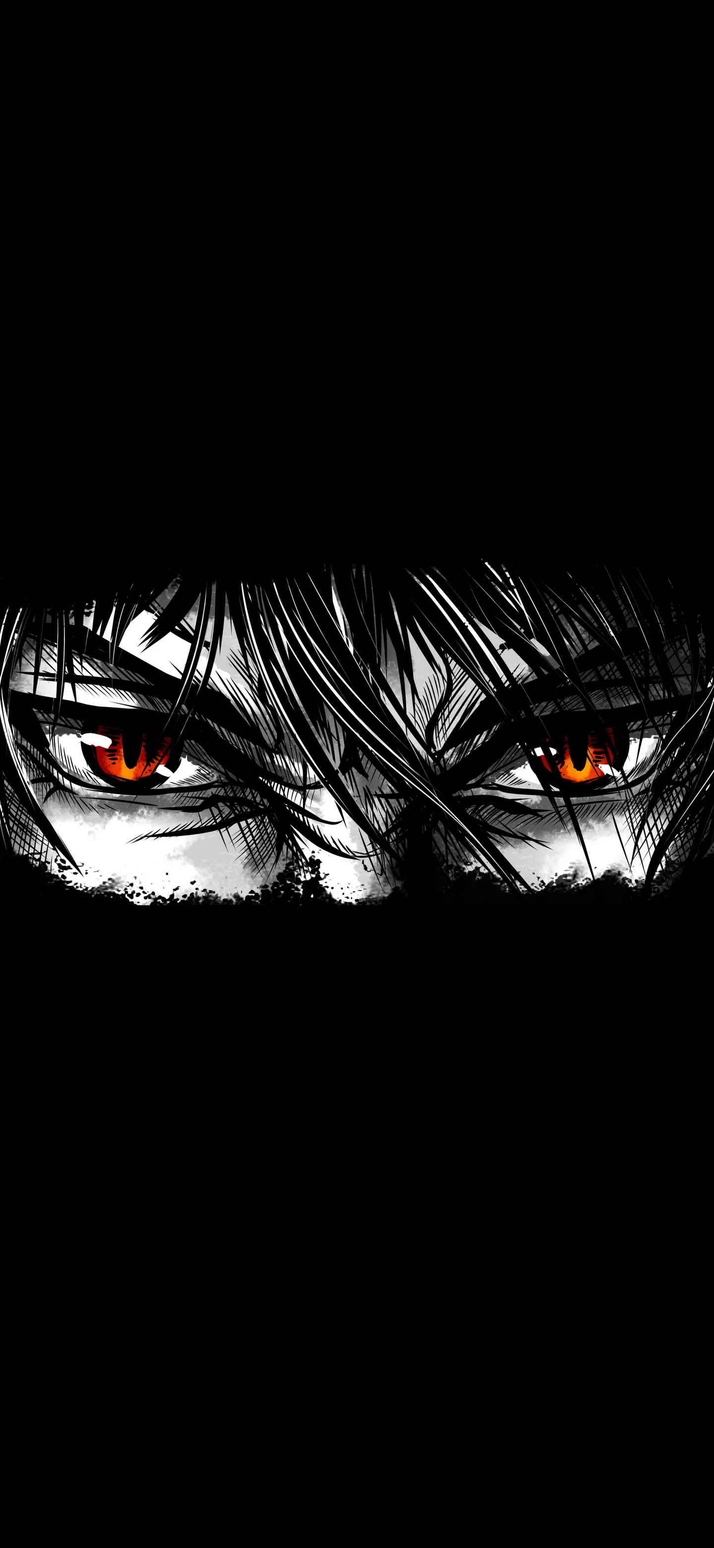 A tall phone crop of nothing but two orange-red eyes and the ink strokes of hair around them, everything else true black.