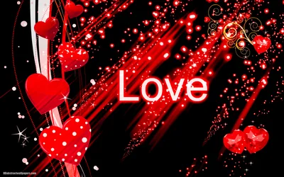 Glossy red hearts sit either side of the word Love while red beams and small sparkles shoot across the black background.
