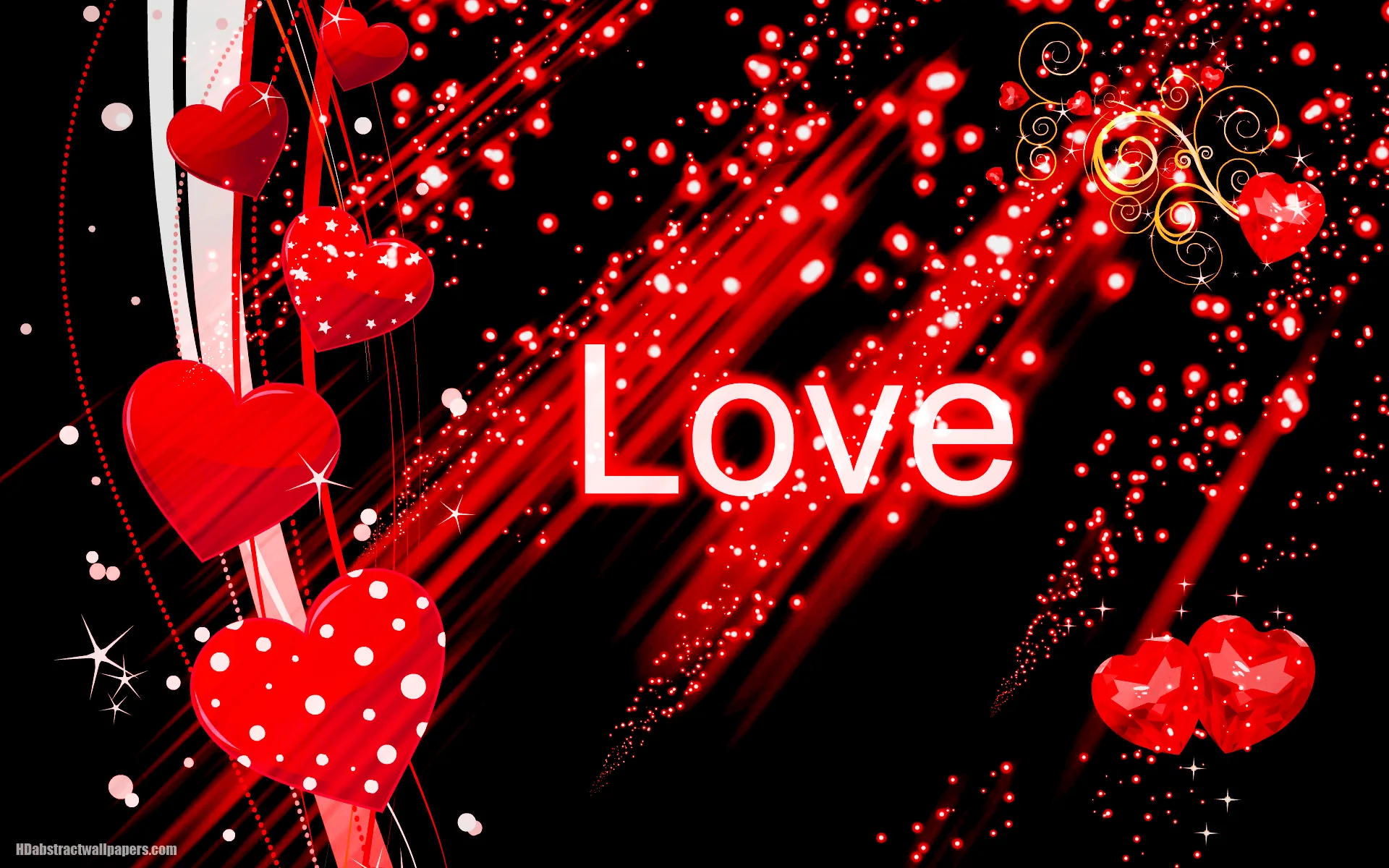 Glossy red hearts sit either side of the word Love while red beams and small sparkles shoot across the black background.