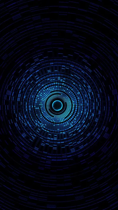 Concentric rings of blue data blocks spiral inward to a small bright core, the outer ring dissolving into black at the frame edges.