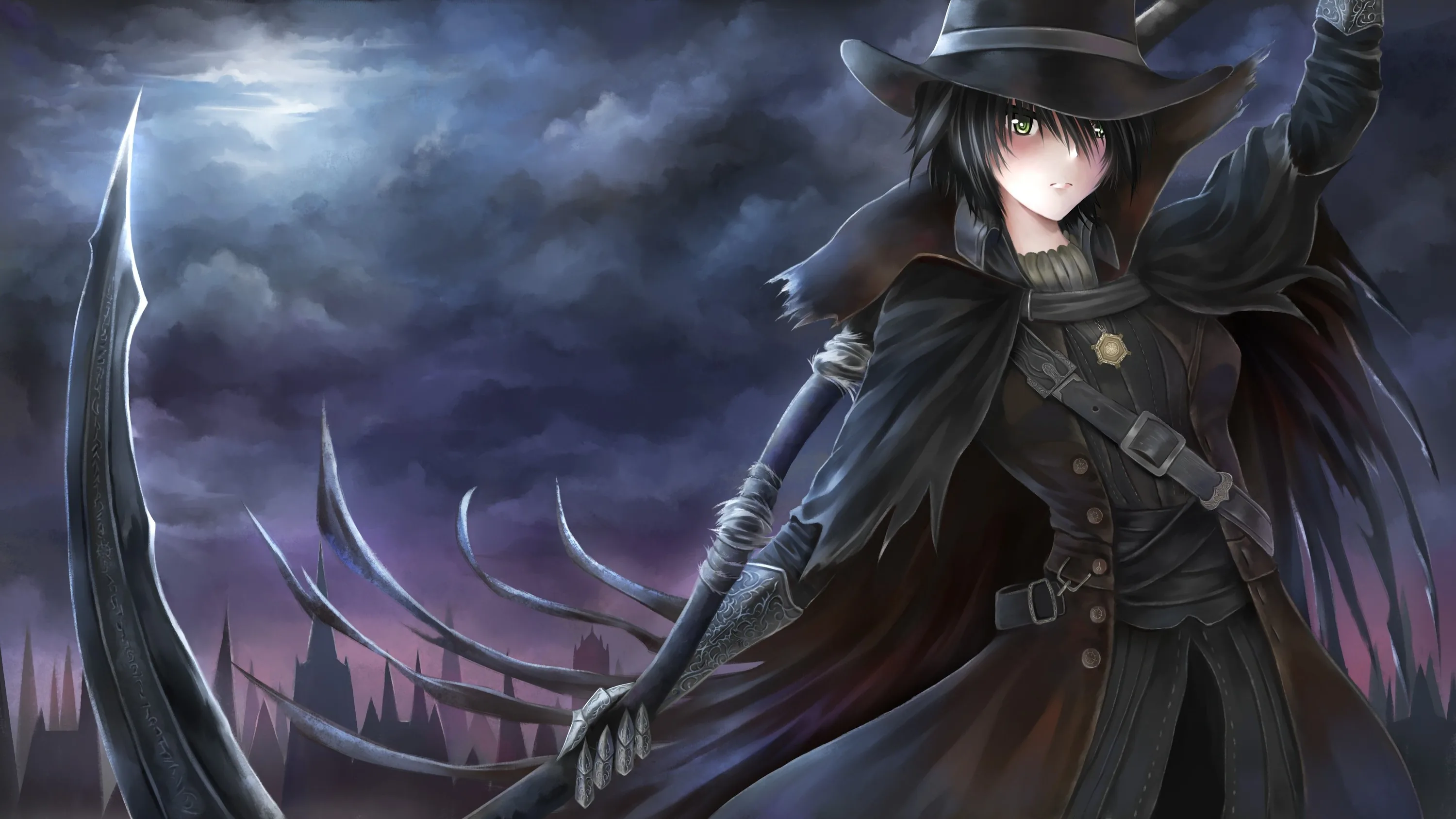 In a wide-brimmed hat and long buckled coat, she swings a curved blade forward while dark spires and thunderheads fill the sky behind.