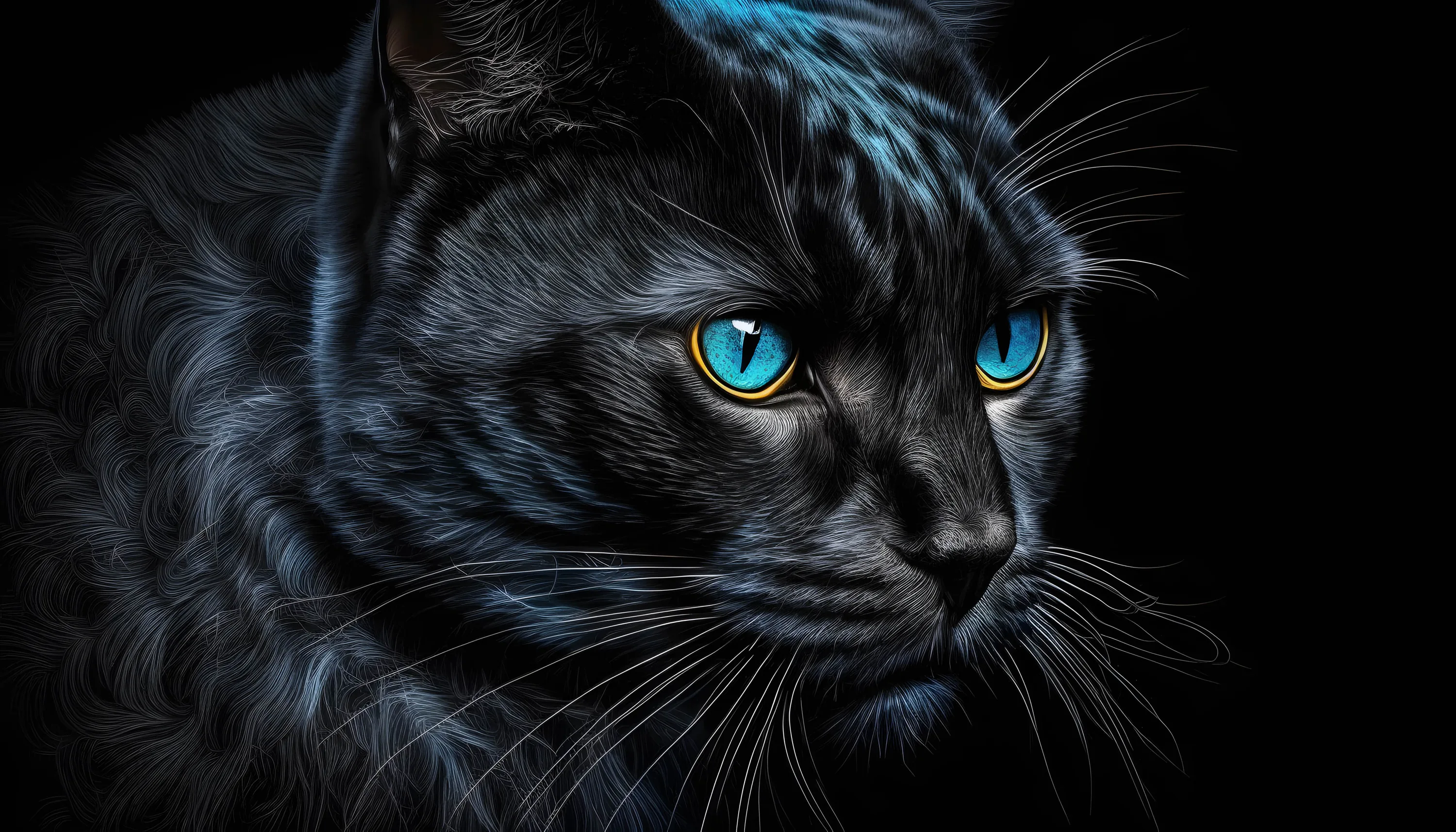 A black cat's face turned three-quarters into the light, turquoise eyes and silver-tipped fur painted against a fully black right side.