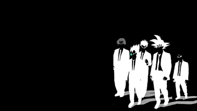 Four figures in white suits and dark shirts walk in a line at the right edge, drawn as flat cut-outs with the left half kept fully black.