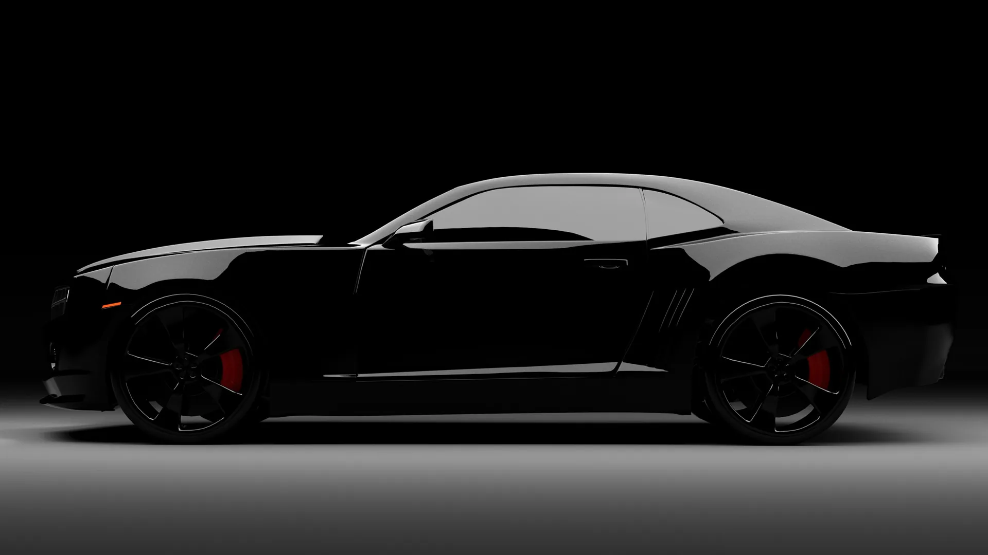 A muscle coupe photographed dead side-on in a dark studio, gloss paint catching one long highlight and red brake calipers showing through the wheel spokes.