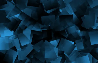 Dozens of translucent cubes tumble across a black field, their flat faces catching steel blue light while the gaps between them stay dark.