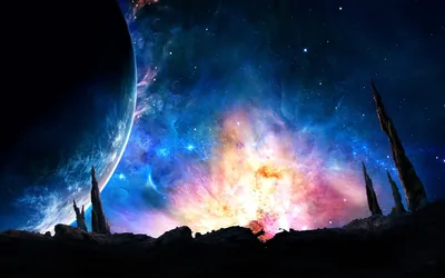 Jagged black spires rise from a ridge in the foreground while a planet and a blue-to-orange nebula light the sky behind them.