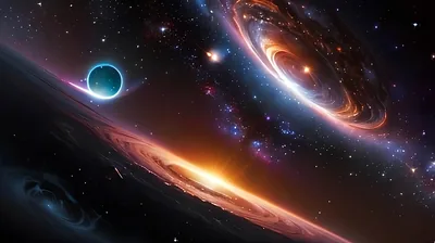 A spiral galaxy tilts in the upper right while an edge-on disc glows orange below it, a hazed blue planet resting on the left edge.