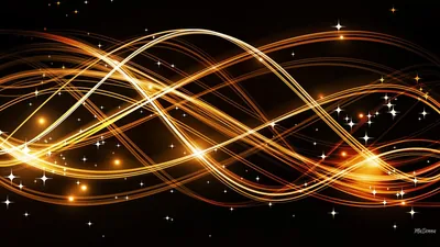 Ribbons of glowing gold weave across a black field, white four-point sparkles scattered between the strands like a night sky.