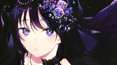 Large violet eyes look straight out from a dark purple frame, a cluster of glittering star-filled blooms tucked above her ear.