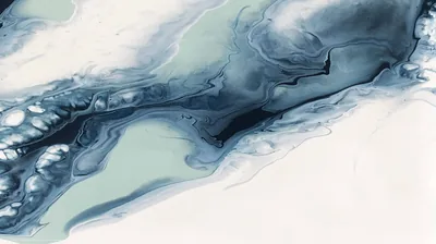 A grey blue ink channel snakes across a soft white ground between pale green pools, leaving wide clean margins above and below for icons or text.