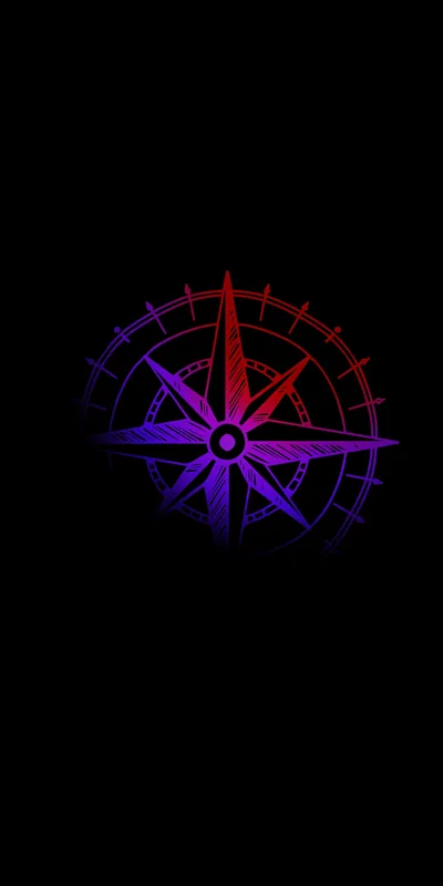 A compass rose drawn in thin neon lines shifts from red at the top to purple at the base, centred on an otherwise empty black field.