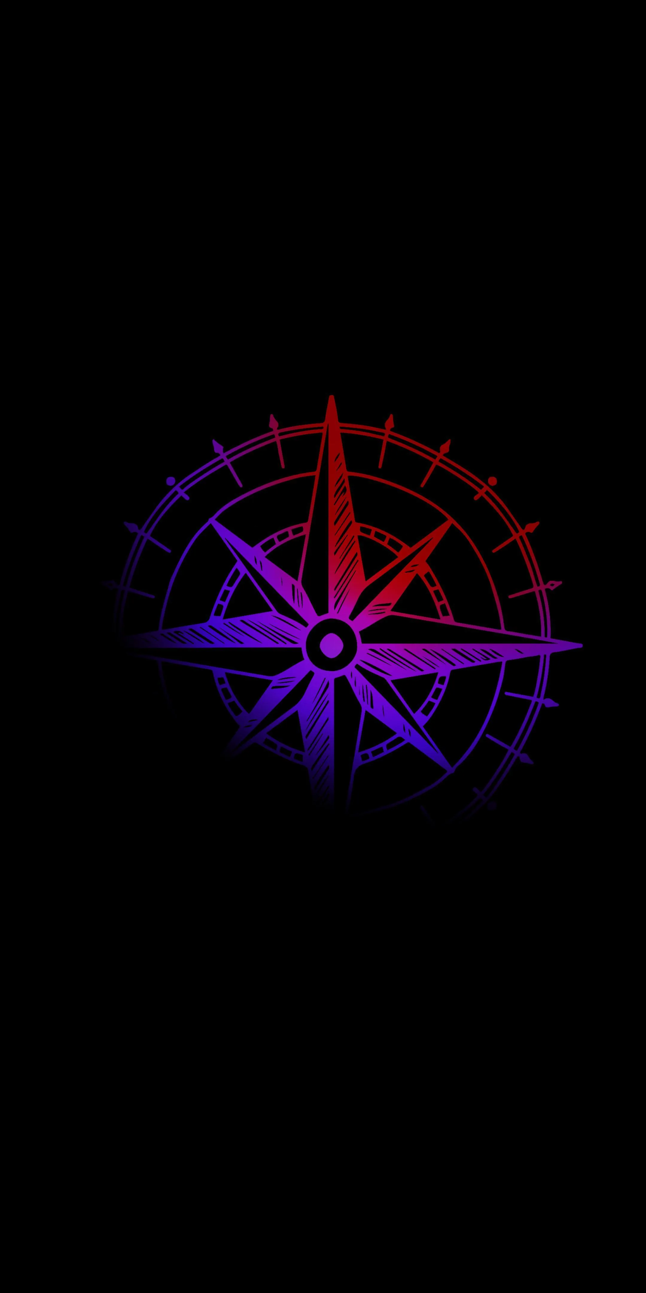A compass rose drawn in thin neon lines shifts from red at the top to purple at the base, centred on an otherwise empty black field.