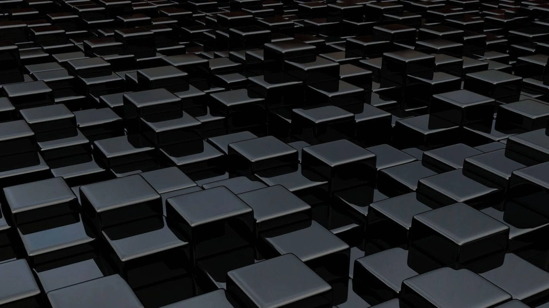 Rows of glossy black cubes recede toward the horizon at different heights, each top face catching a little light.