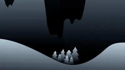 Four pale pines stand in a shallow valley while a black rock ceiling drips down from above in flat grey layers.