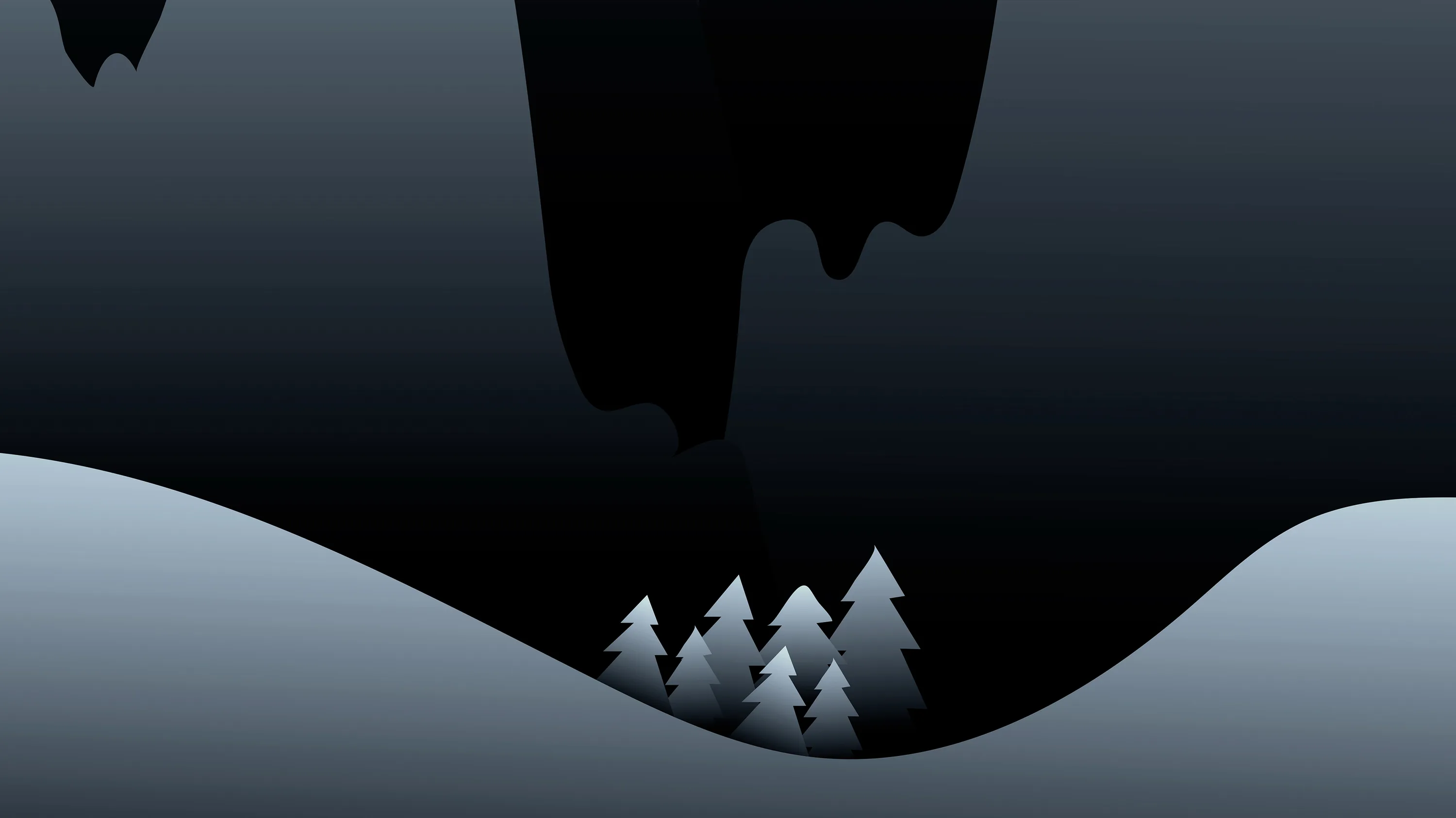Four pale pines stand in a shallow valley while a black rock ceiling drips down from above in flat grey layers.