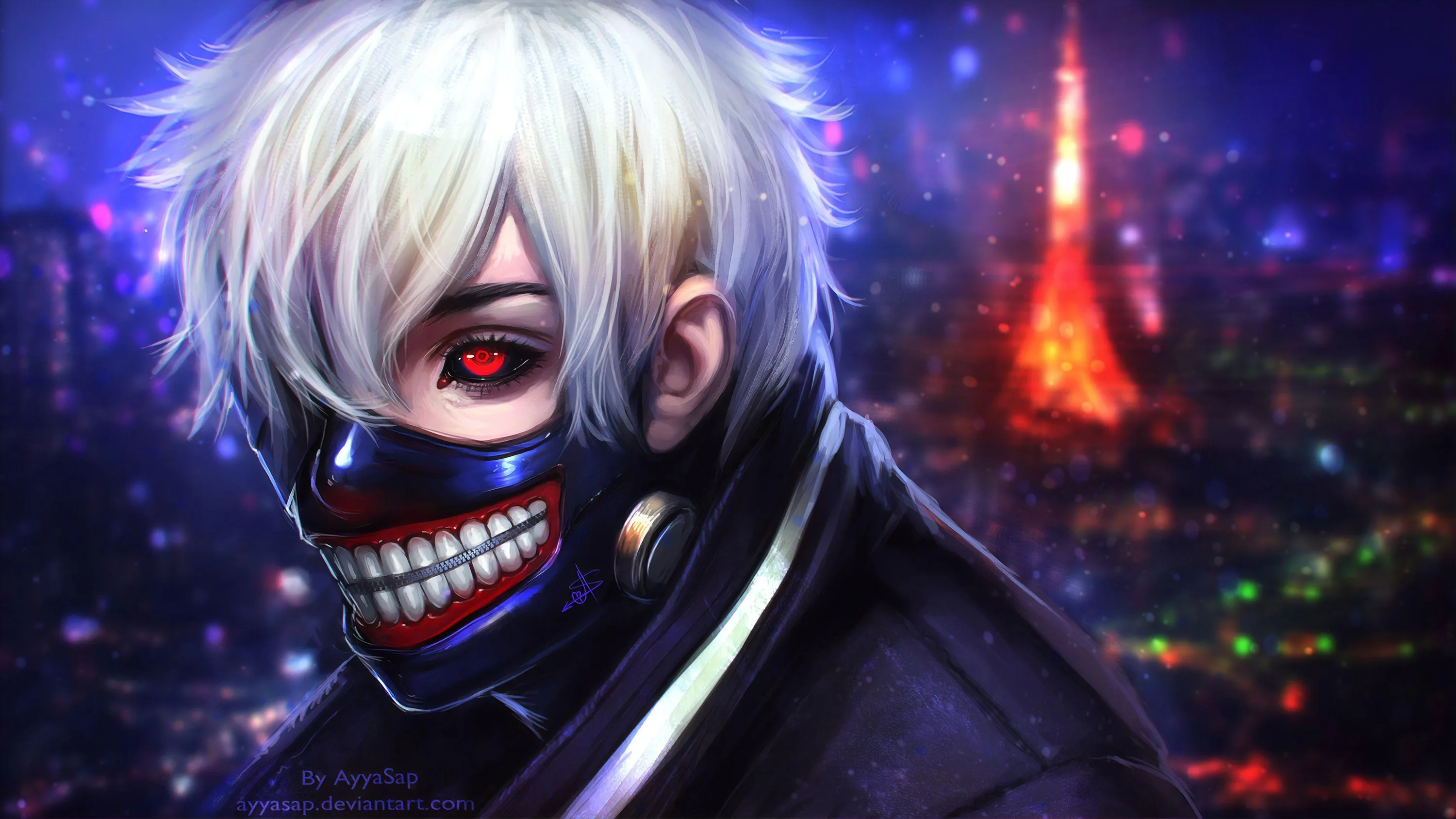 Kaneki's grinning mask and single red eye fill the left of the frame, city lights and a red tower dissolving into bokeh behind his white hair.