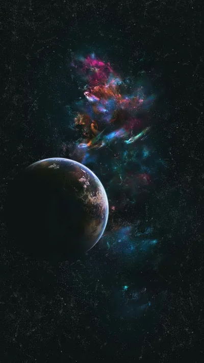 A ringed planet sits low left in the frame while pink and teal nebula clouds drift across the upper right of the starfield.