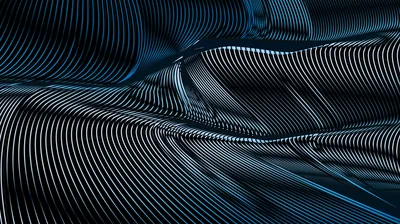 A surface of fine parallel ribs bends into rolling waves, catching thin blue highlights along the crests while the troughs stay black.