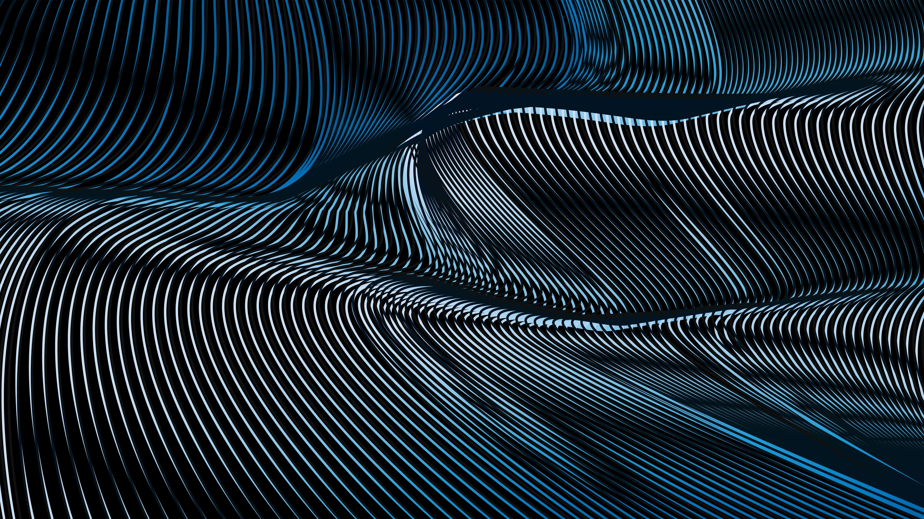 A surface of fine parallel ribs bends into rolling waves, catching thin blue highlights along the crests while the troughs stay black.