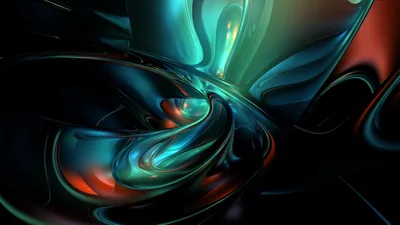 Ribbons of dark glass loop into a horn-like spiral, teal highlights and small pools of red catching light against an almost-black backdrop.