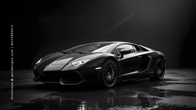 A black Aventador stands three-quarter on a mirror-wet studio floor, soft light picking out the roofline and front splitter with the corners left in shadow.