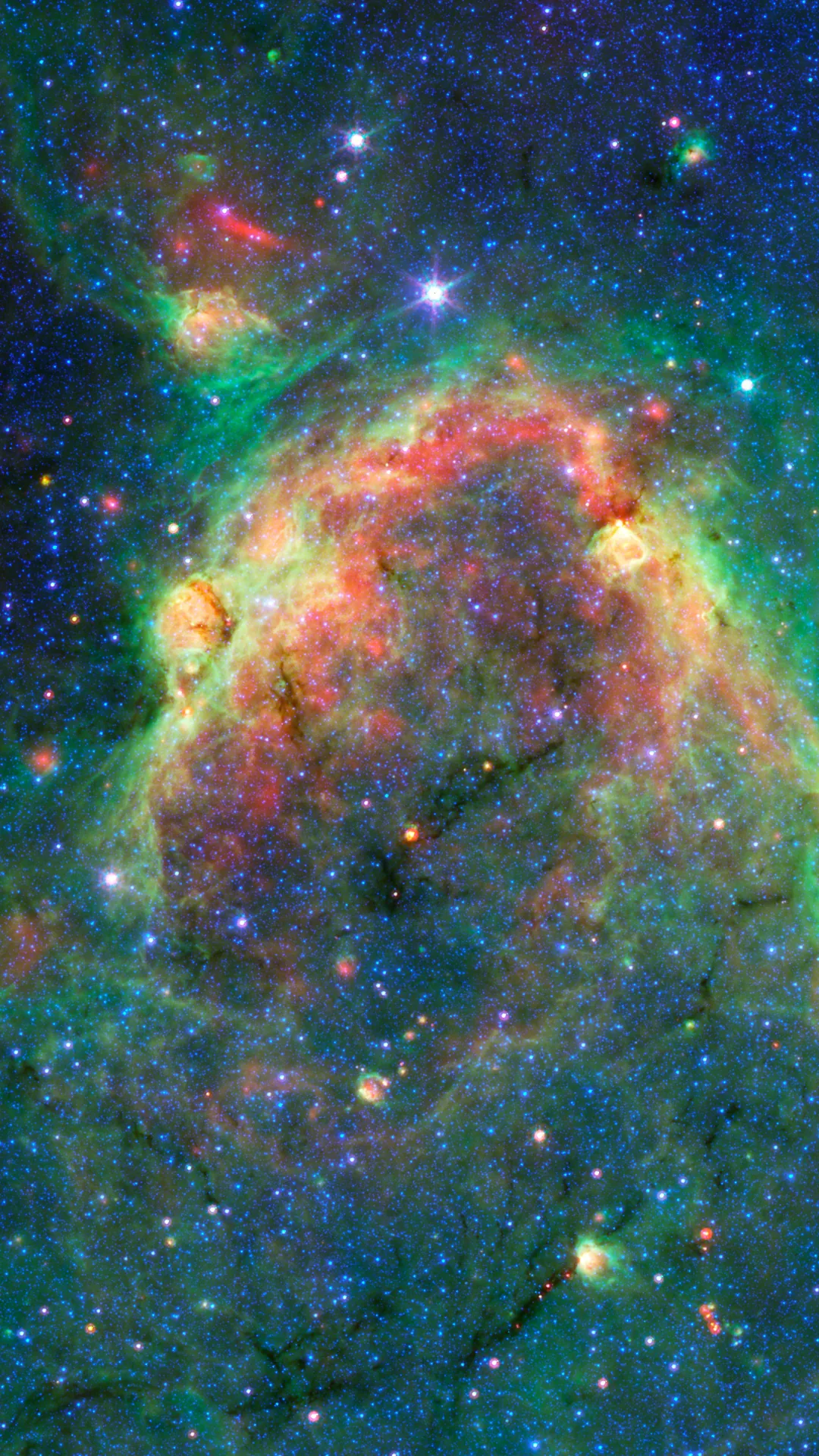 An infrared-style view of a nebula bubble in green and red, dense with stars; the darker top edge keeps a phone clock readable.