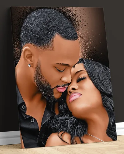 A framed canvas leans against a wall showing a man kissing a woman forehead, his hair dissolving into scattered particles at the top edge.