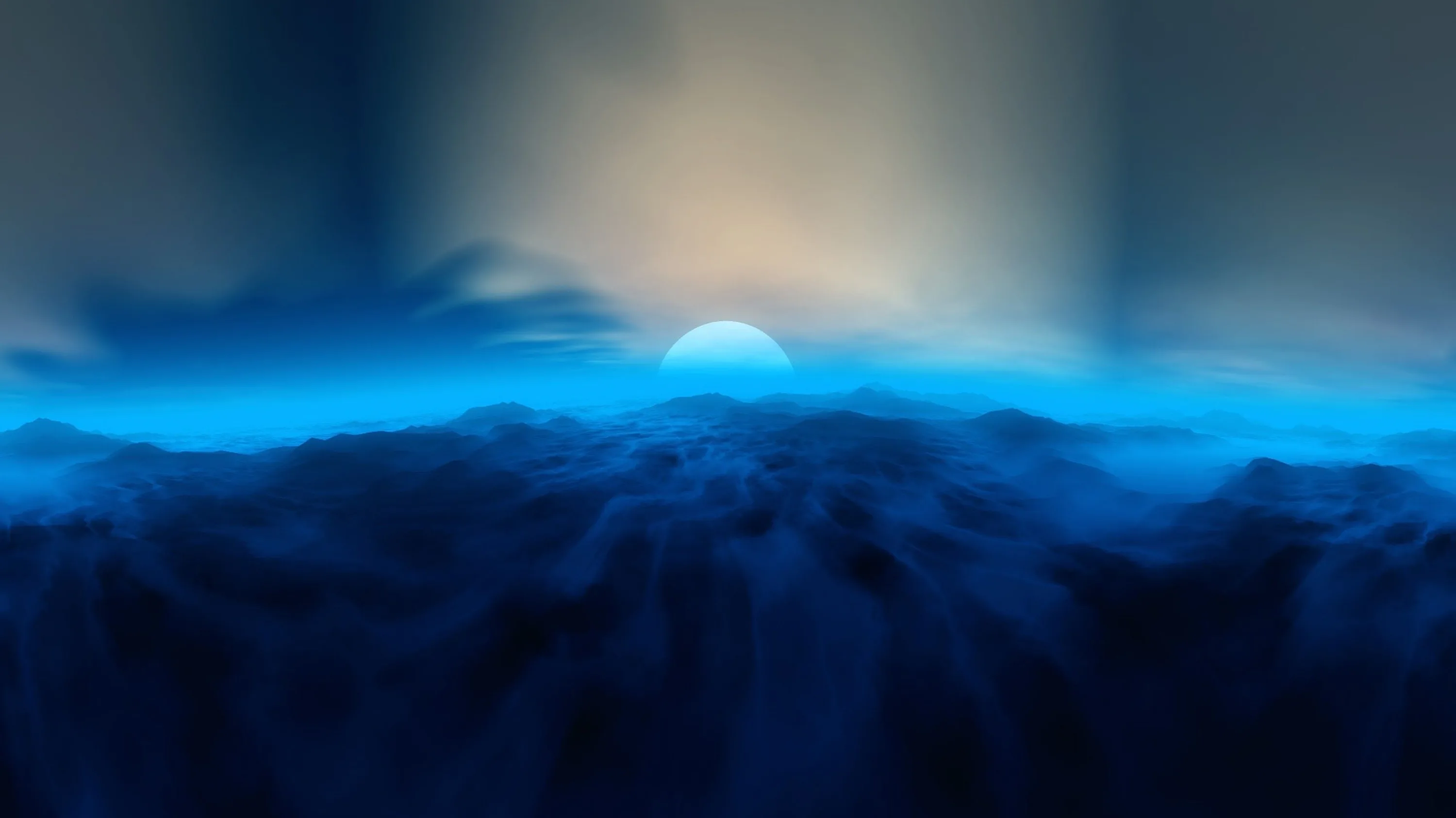 A small bright orb sits just above a rolling bank of blue mist, its warm halo bleeding into the grey sky behind.
