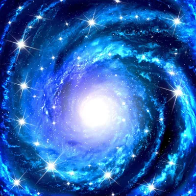 A painted blue vortex spirals into a white core, four-point star sparkles riding the arms — bright across the whole frame, so best without icons.