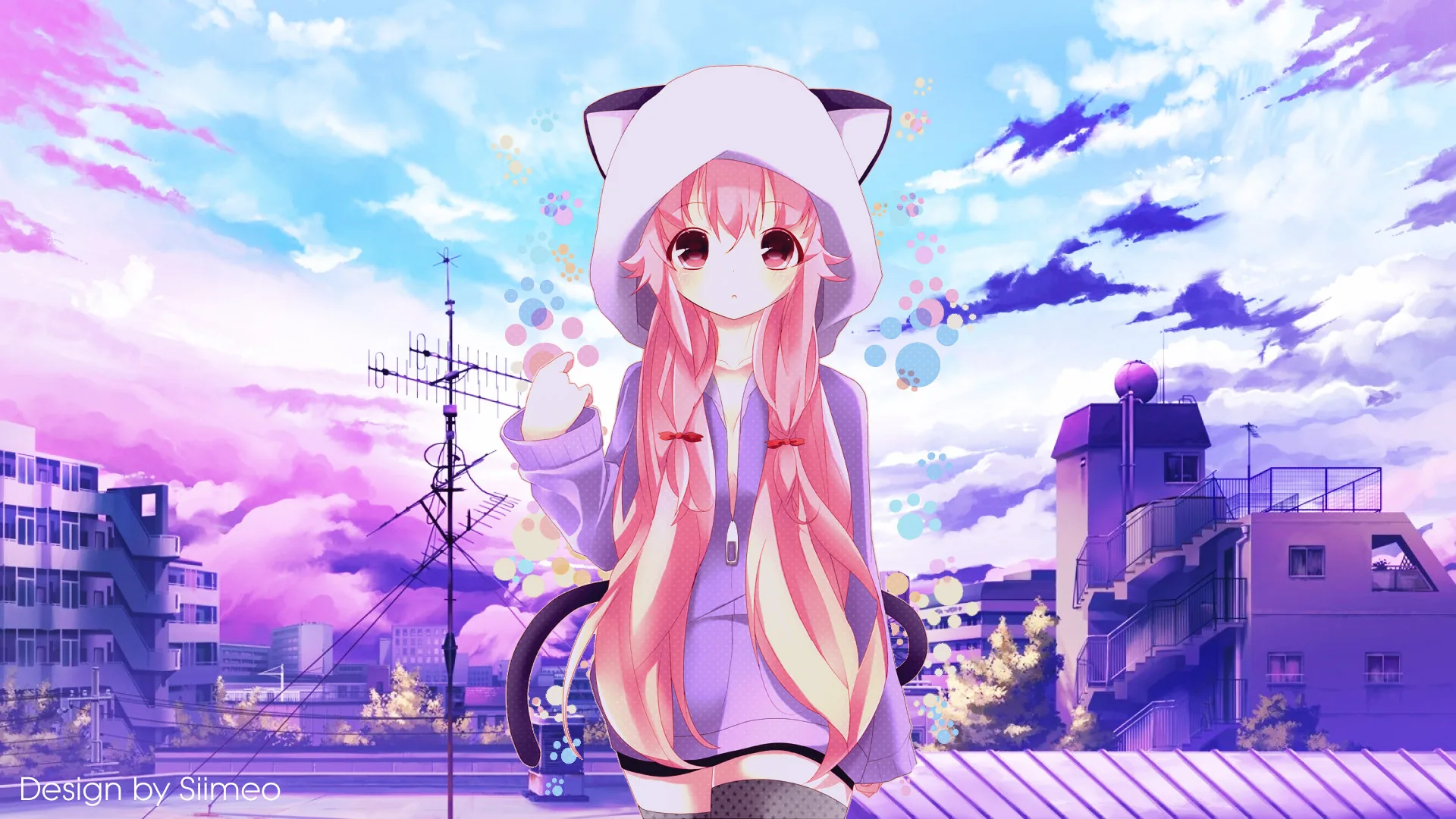 A pink-haired girl in a white cat-ear hoodie stands on a residential street, soap bubbles floating past rooftops washed in purple and blue.
