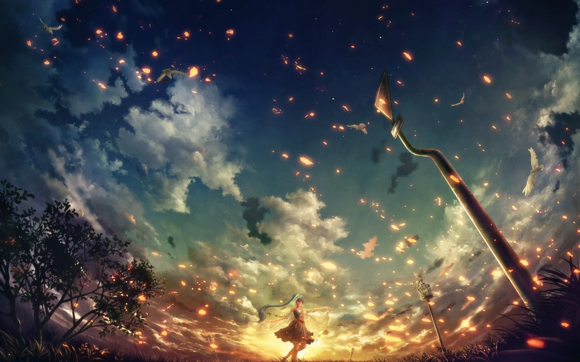 A girl stands small in a darkening field as embers climb past a curved lamp post into towering clouds, sparks scattered right up to the top edge.
