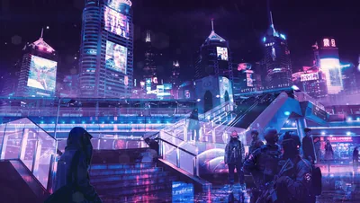 Crowds cross glowing glass walkways beneath violet towers, every surface reflecting pink signage, with the darker lower left corner open for app icons.
