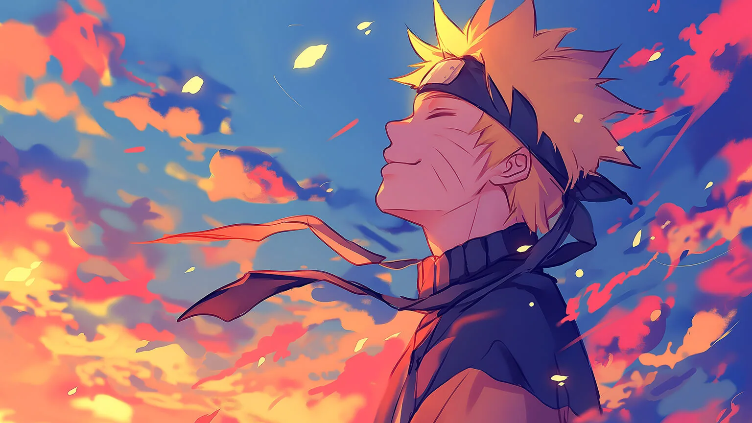 Eyes closed and headband trailing, Naruto lifts his face to a blue sky banked with orange clouds — petals drift through the open upper half, clear of a phone clock.