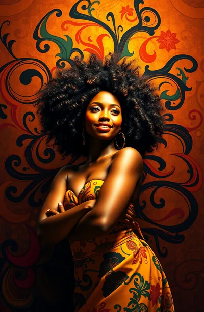 Digital art of a woman with a full round afro folding her arms, dark swirl motifs curling through the amber wall behind her head and shoulders.