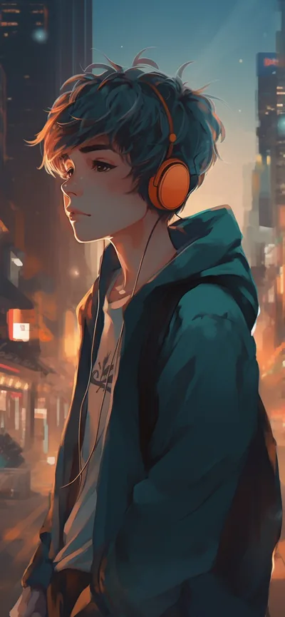 An illustrated boy in a teal jacket looks off to the side wearing orange headphones, city lights melting into warm bokeh behind him.