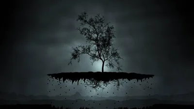 A bare tree grows from a chunk of earth suspended in mid-air, soil crumbling off the underside as a dull moon glows behind the branches.