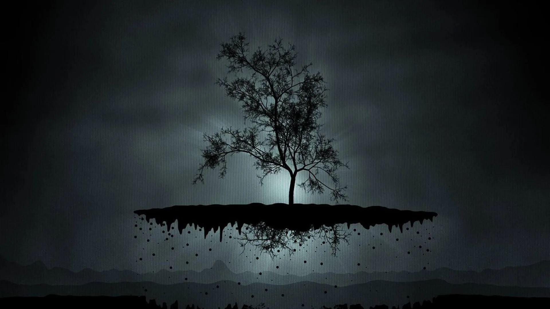 A bare tree grows from a chunk of earth suspended in mid-air, soil crumbling off the underside as a dull moon glows behind the branches.