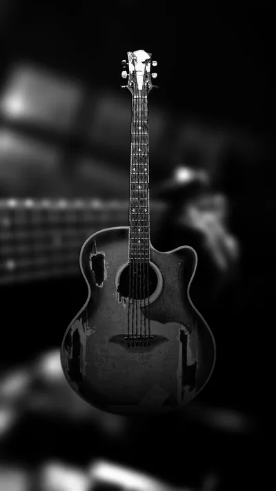 A cutaway acoustic guitar stands upright in sharp monochrome while the player and the room behind blur into grey, most of the light on the strings and rosette.