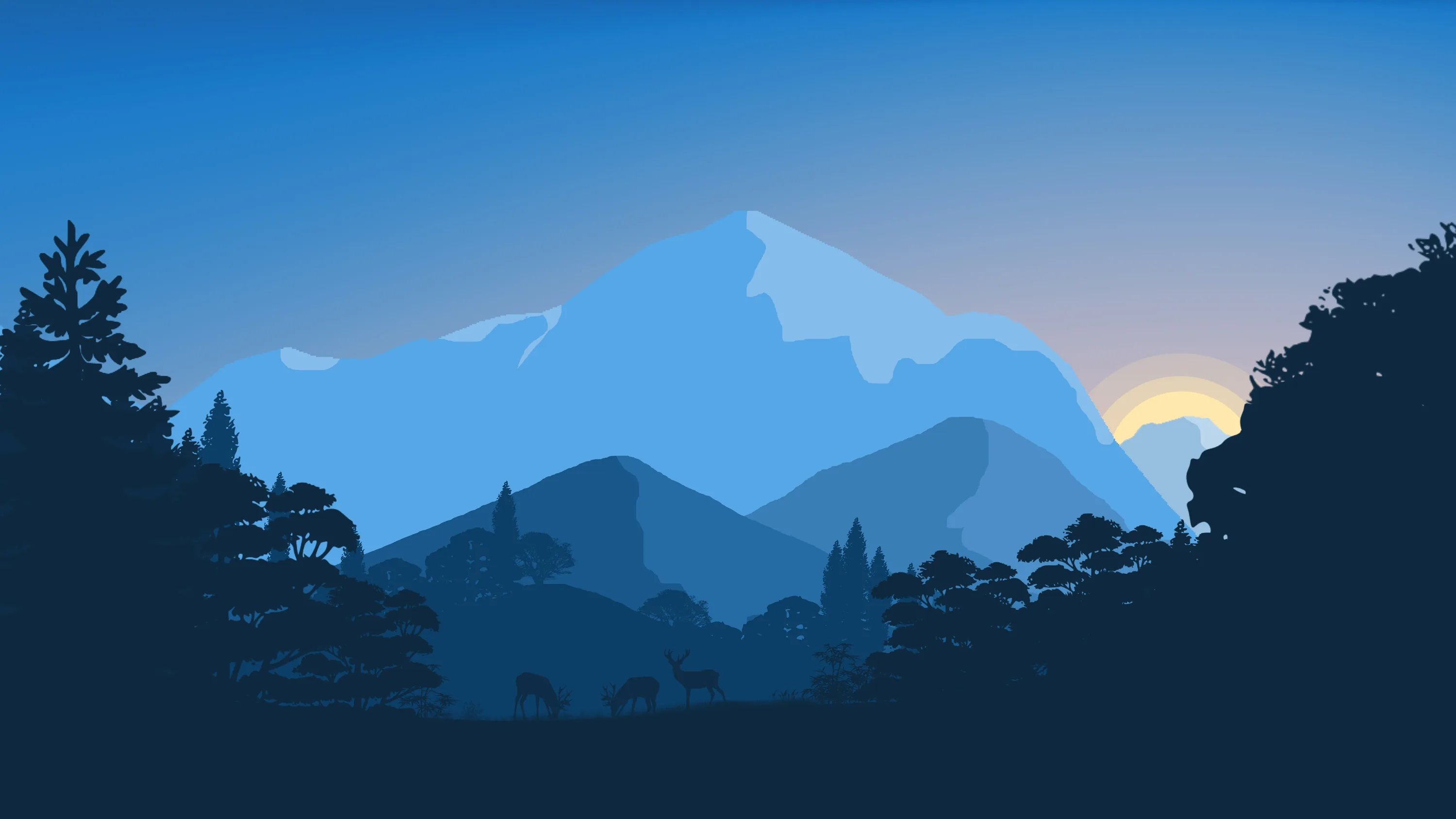 A pale snow-capped mountain rises between dark evergreen banks, the sun breaking low on the right in flat illustrated layers.
