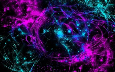 Fine threads of magenta and turquoise swirl around a bright knot just off centre, sparks of light scattered through the darker edges.