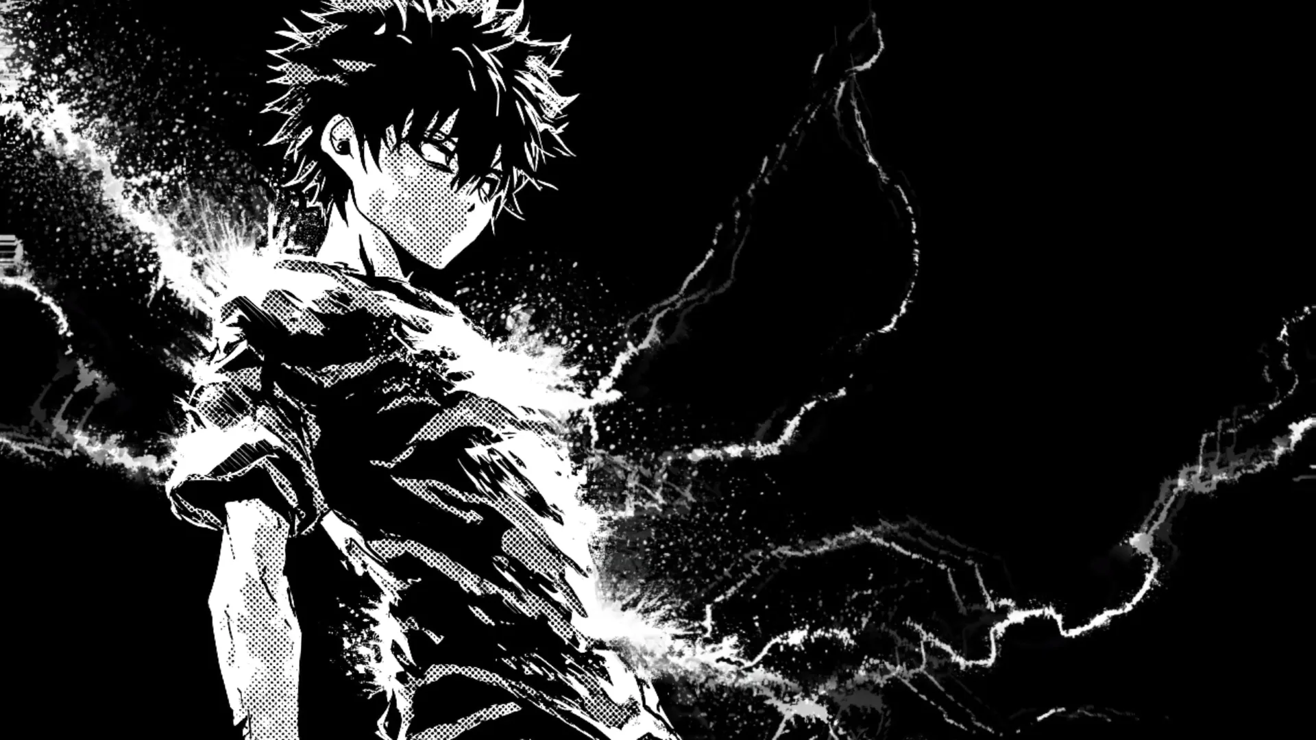 Ink-style boy braced mid-stride as white sparks and jagged arcs burst off his left shoulder, the right half of the frame left black.